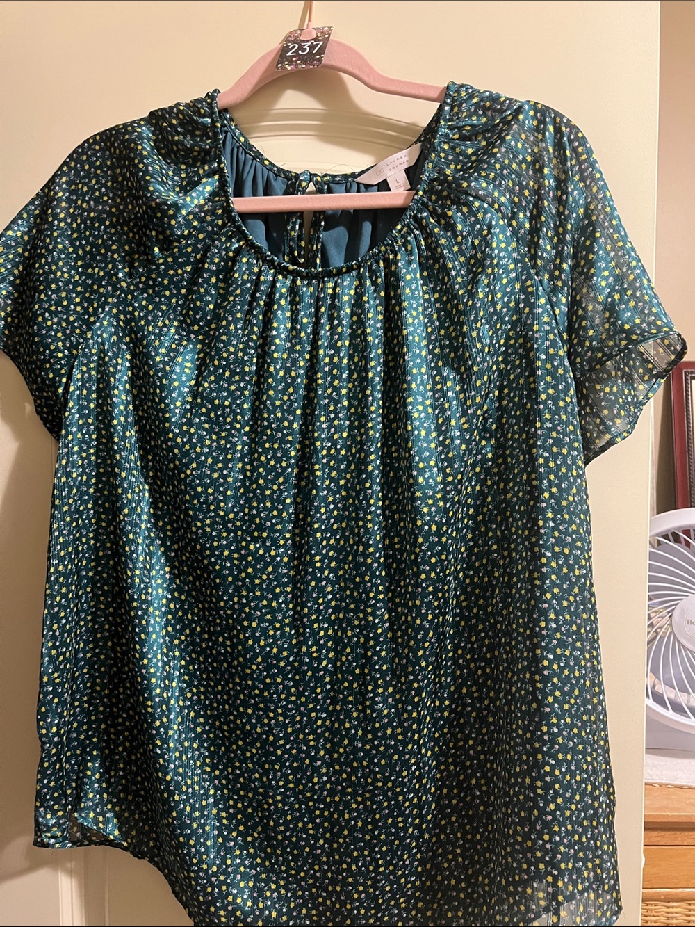 LC Lauren Conrad Teal Floral Puff-Sleeve Blouse H237